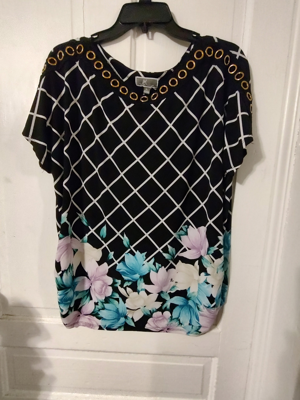 JM Collection Black Grid Floral Short-Sleeve Top with Gold Eyelets